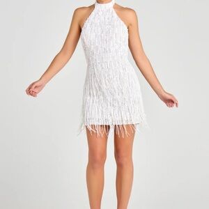 Elegant White Fringe Halter Dress
